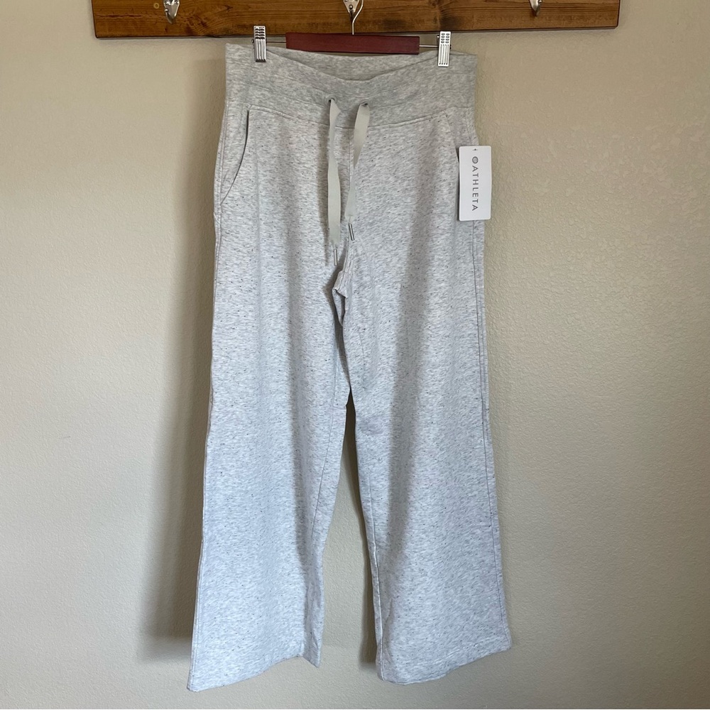 NWT Athleta Balance Wide-Leg Drawstring Light Heather Gray Speckled Pant M - Picture 2 of 9